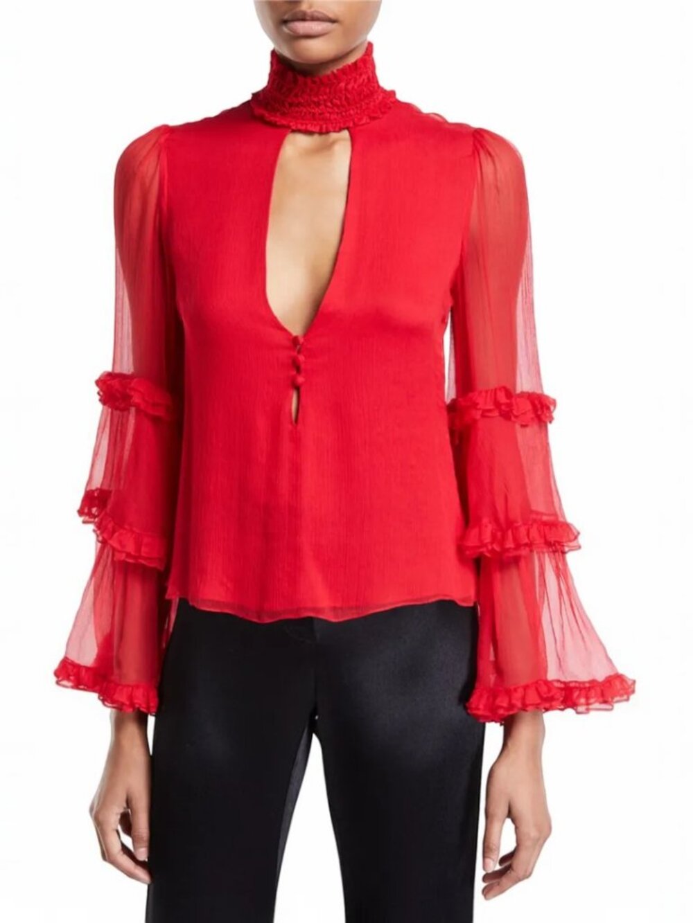 Alexis Hiro Red Silk Blouse Sheer Long Sleeve Ruffle Keyhole Bell Sleeve Top S
